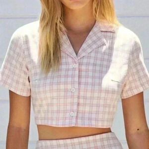 Brandy Melville John Galt Small Vivian Plaid Crop Top Collar Light Pink White